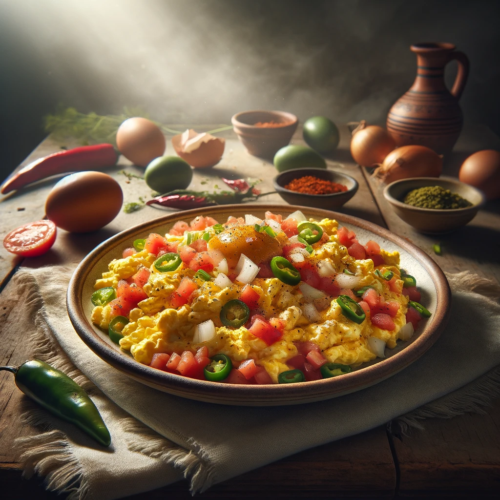 Dos huevos revueltos con jitomate, cebolla y chile verde del huerto, finamente picados.