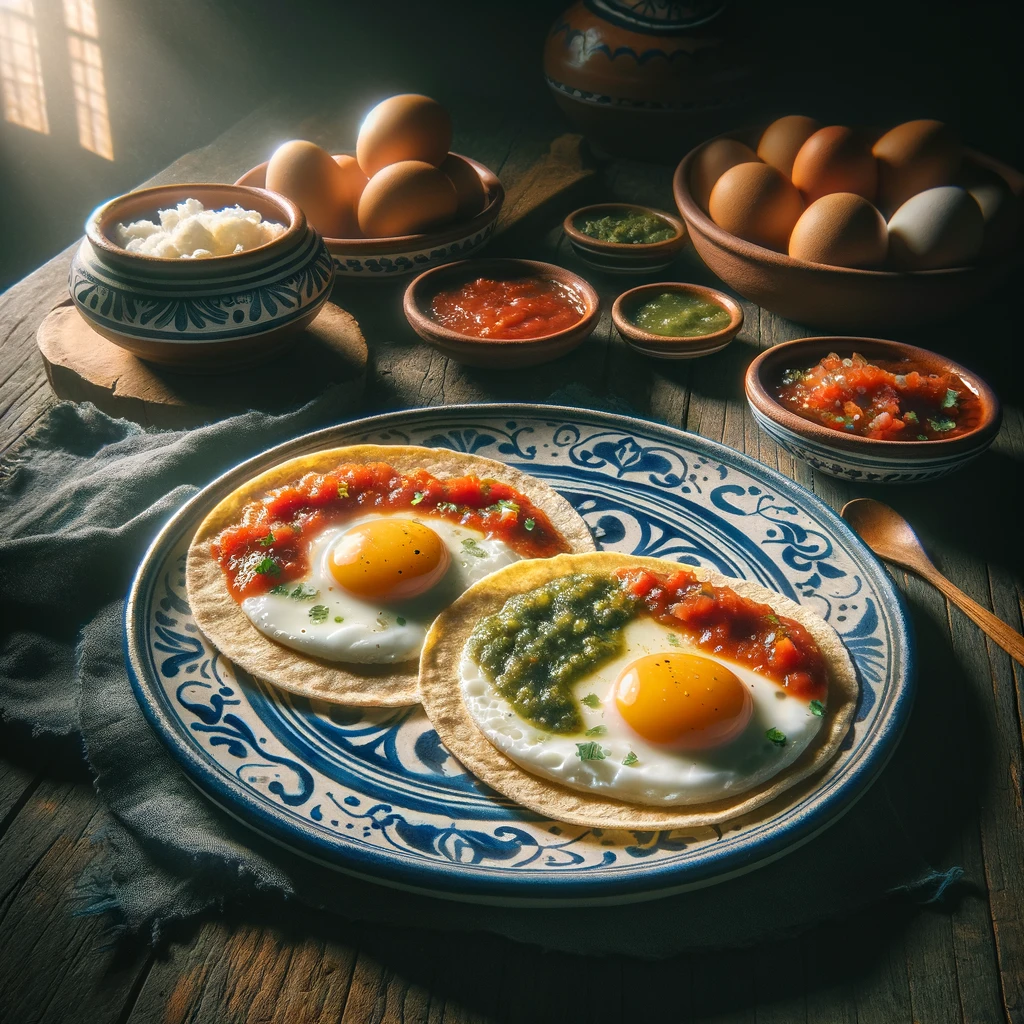 Dos huevos estrellados servidos sobre tortitlla horneada. Con salsa verde y roja.