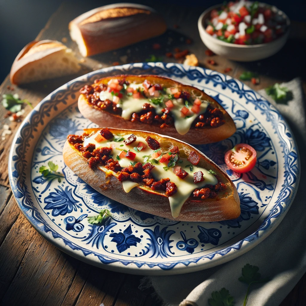 Dos mitades de bolillo untadas con frijoles refritos, queso derretido, y longaniza encima.