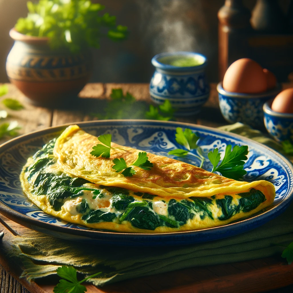 Dos huevos revueltos en forma de esponjosa tortilla, con espinacas y queso panela.