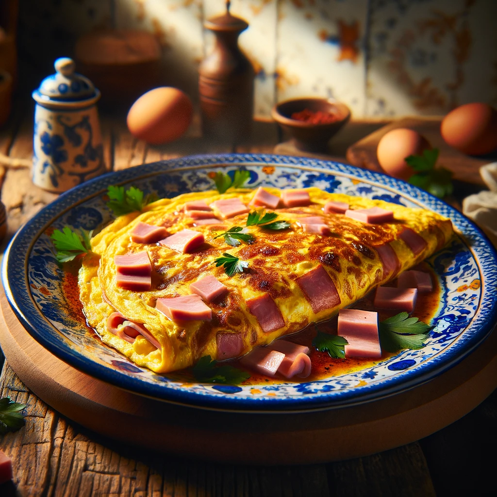 Dos huevos revueltos en forma de esponjosa tortilla, con jamón y queso.